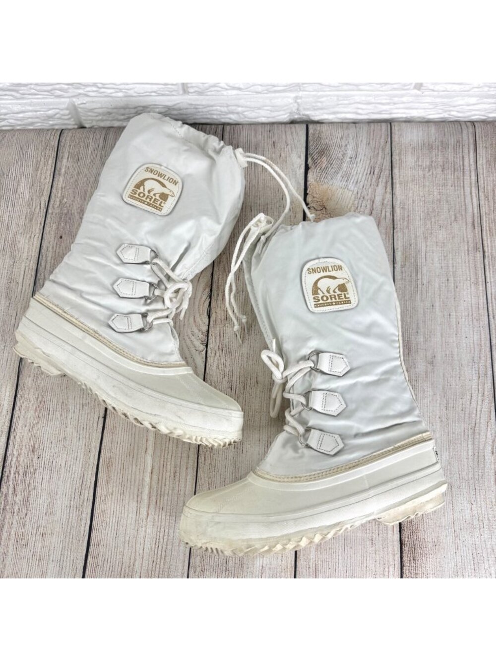Vtg Sorel Snowlion Kaufman Canada Snow Boots Nylon Drawstring Snow Collar Size 8